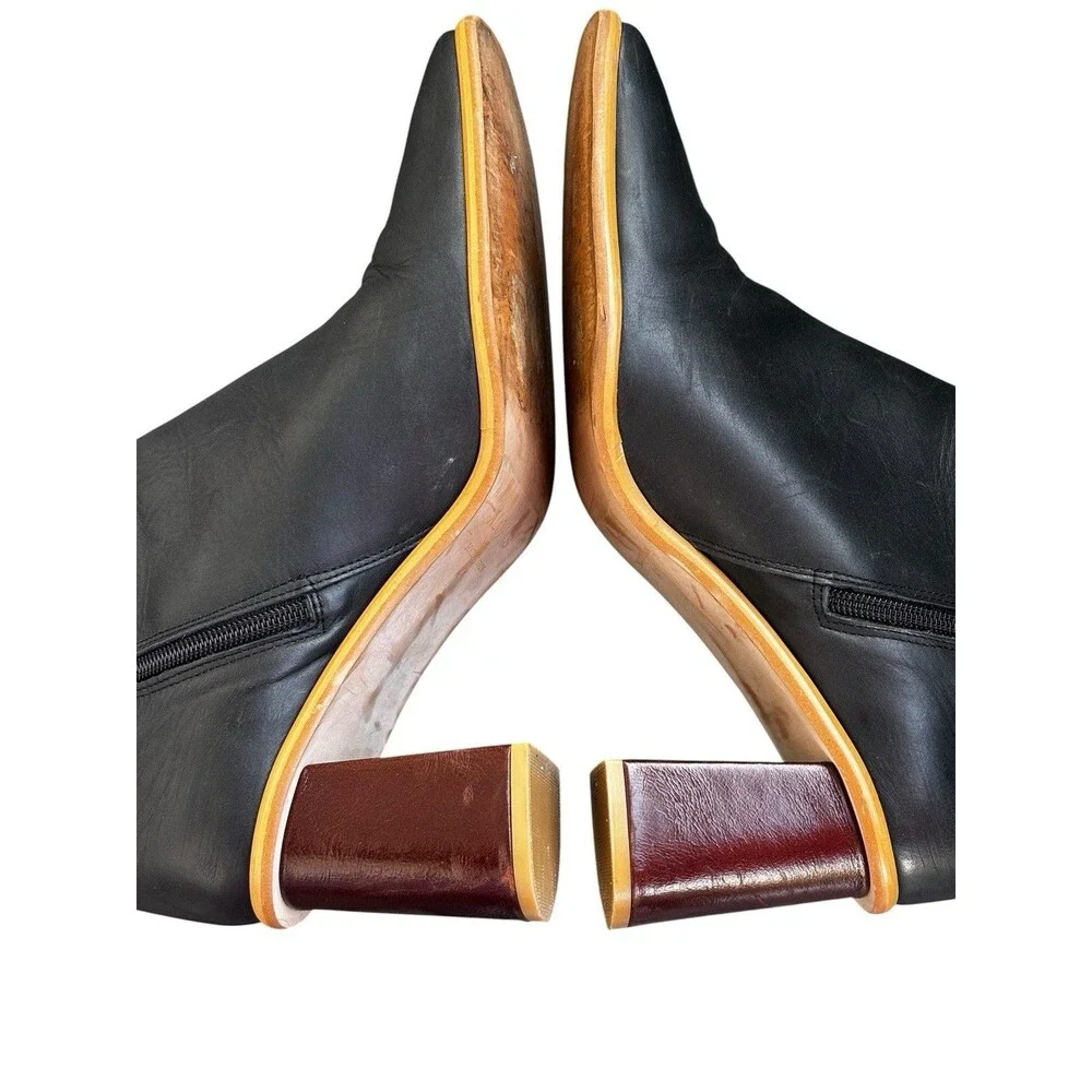 Alohas East Black Leather Square Toe Ankle Boots Wood Block Heel Spain SZ 10.5